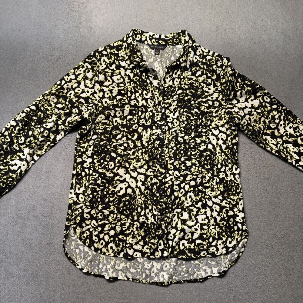 Rock & Republic Womens M Button Up Shirt Black Neon Animal Print Roll Tab Sleeve